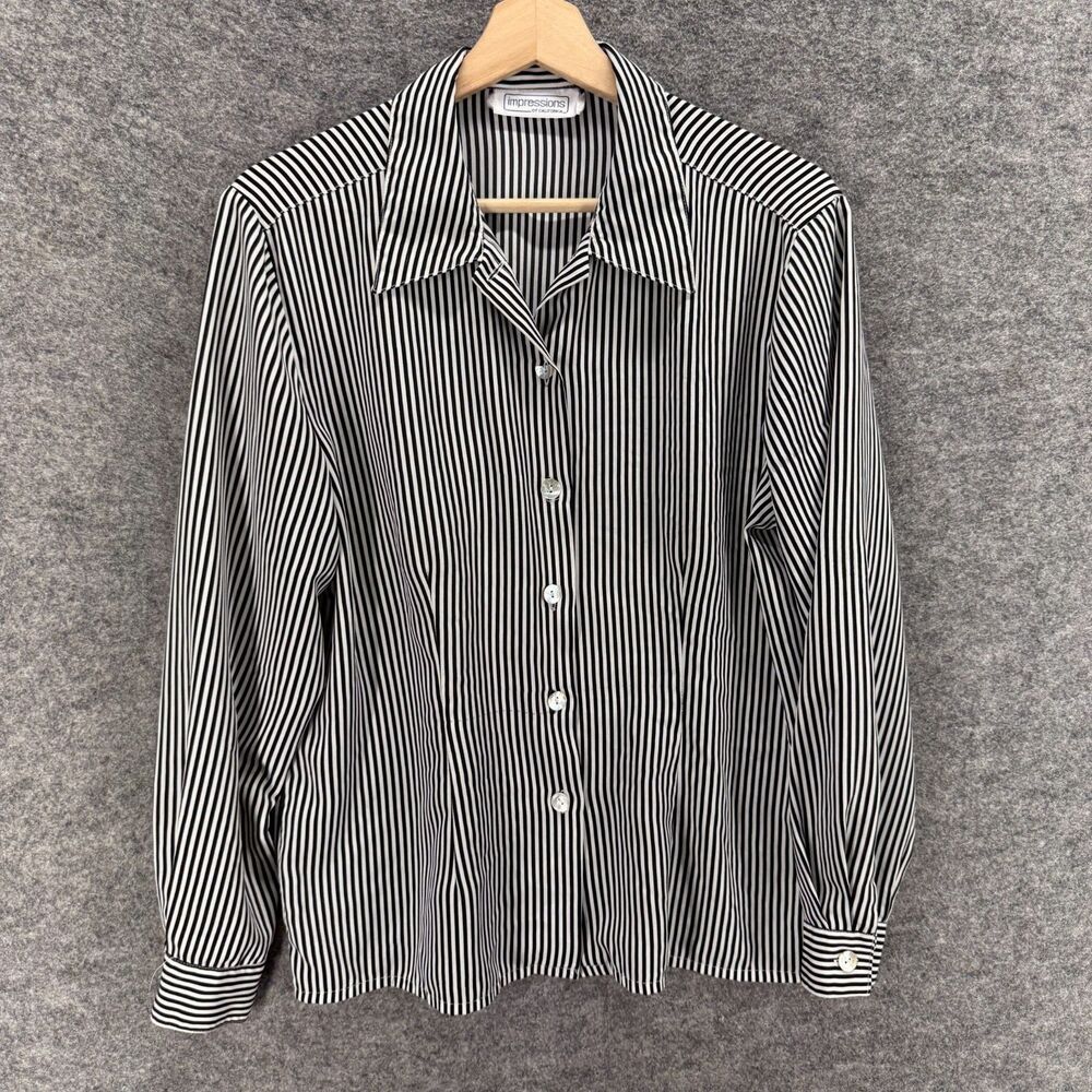 Impressions Shirt Women M Medium Black Striped Button Up Collared Long Sleeve